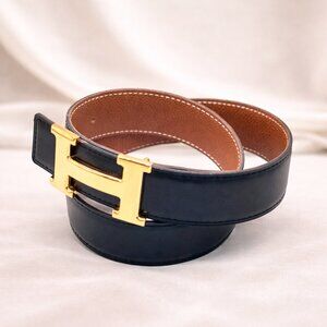 Authentic Hermès H Buckle Reversible Leather Belt Black Brown Gold